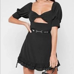 Maniere De Voir Women's Black Dress Size 10 NEW Puff Sleeve Cutout Ruffle